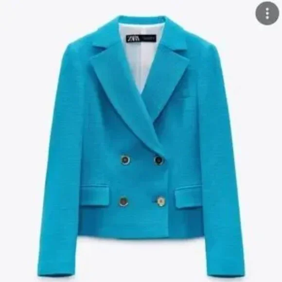 NWT 🦋 ZARA 🌸 TWEED LIKE TEXTURED TURQOUISE BLUE DOUBLE BREASTED BLAZER XS